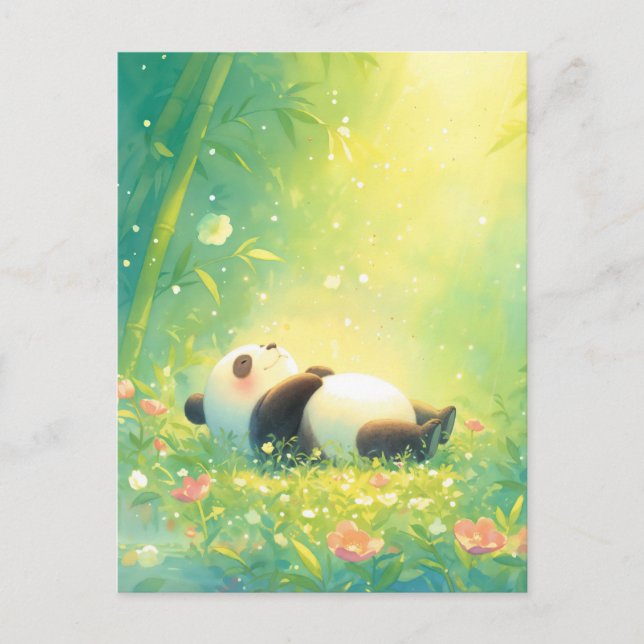 Cartão Postal Bebê Panda Dormindo na Floresta de Bambu Iluminada (Frente)