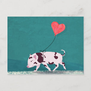 Cartão Postal Bebê Porco Com Balão Do Coração
