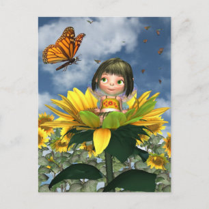 Cartão Postal Bebê Sunflower Fairy com fundo de verão
