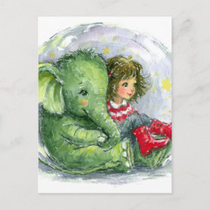Cartão Postal Bebê Surrealista Elefante Verde e Menina em Botas
