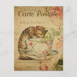 Cartão Postal Bebendo de Gato Francês Vintage da Taça Tea