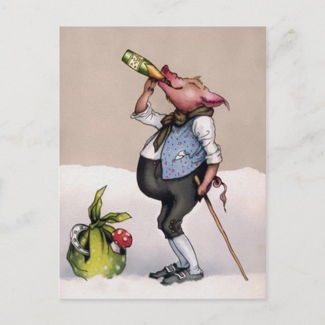 Cartão Postal Bebendo Vintage Pig (Frente)