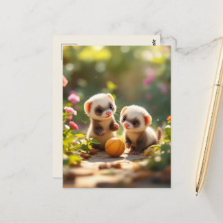 Cartão Postal Bebês furões fofos brincando com uma bola, persona