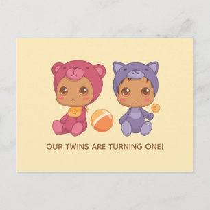 Cartão Postal Bebês gêmeos Primeiro Aniversário Gato Urso Convoc