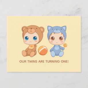 Cartão Postal Bebês gêmeos Primeiro Aniversário Gato Urso Convoc