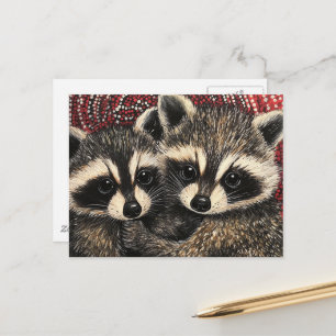 Cartão Postal Bebês Mapaches Fofos Pintando com Bolinhas Vermelh