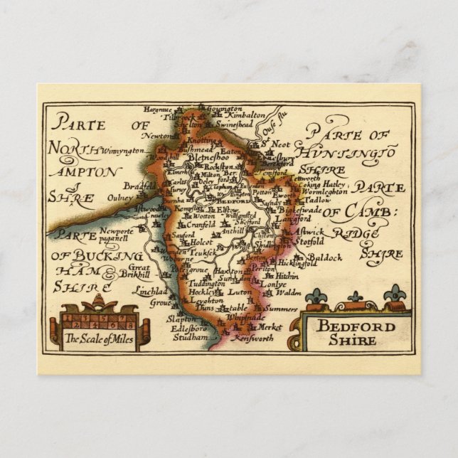 Cartão Postal Bedfordshire County England Antigo Mapa Antiquário (Frente)