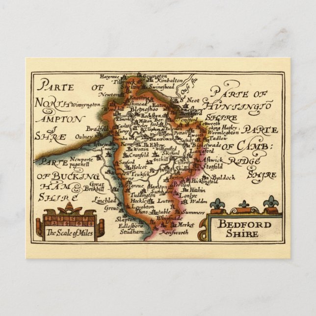 Cartão Postal Bedfordshire County England Antigo Mapa Antiquário (Frente)