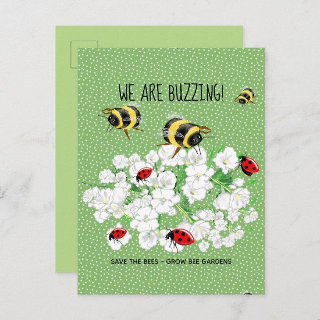 Cartão Postal BEES e LadyBugs - Arte de LeahG Salvar as Abelhas (Frente/Verso)