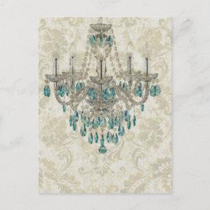 Cartão Postal beige Damask French Country blue Chandelier