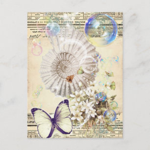 Cartão Postal beige vintage borterfly seashell botânico francês