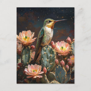 Cartão Postal Beija-flor em um Cacto Florido