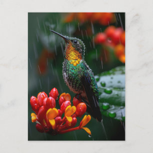 Cartão Postal Beija-flor Empoleirado em Flor Brilhante