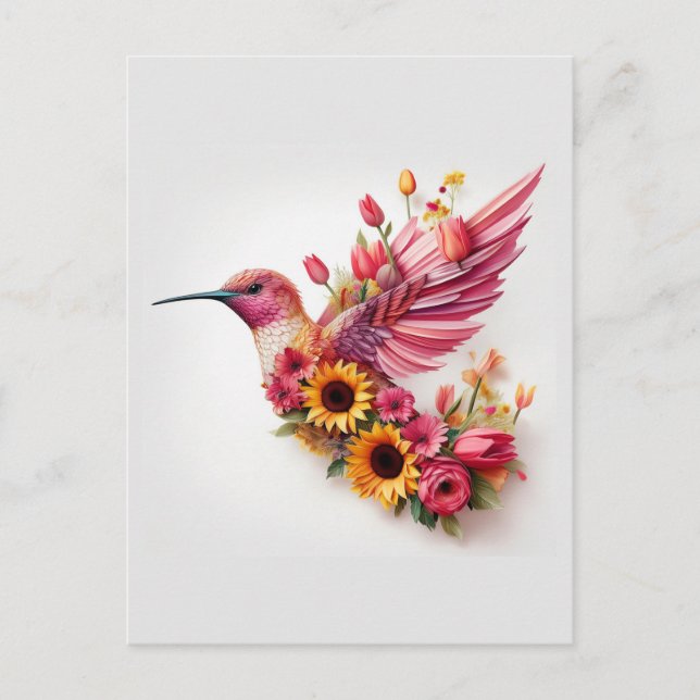 Cartão Postal Beija-flor voando com flores (Frente)