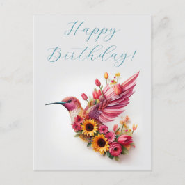 Cartão Postal Beija-flor voando com flores Parabéns