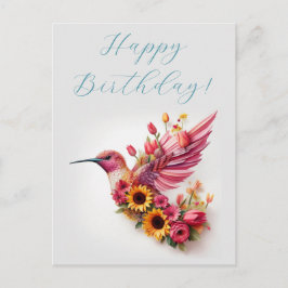 Cartão Postal Beija-flor voando com flores Parabéns