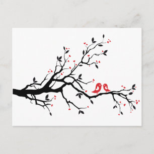 Cartão Postal Beijando pássaro no galho da árvore com folhas ver