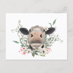 Cartão Postal beijo de nariz de vaca flores aquarela cinza anima