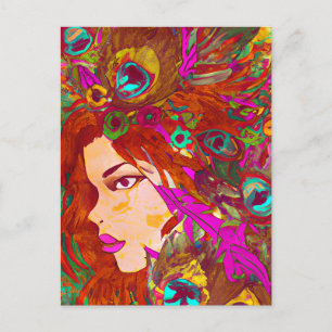Cartão Postal Bela Arte Abstrata Mulheres com Penas