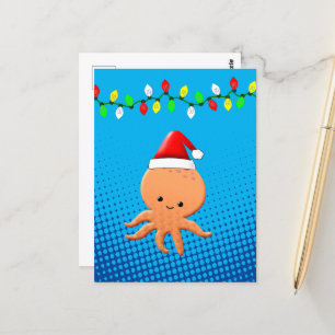 Cartão Postal Bela caricatura Octopus Santa Hat Luzes de Natal