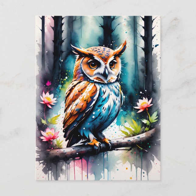 Cartão Postal Bela Coruja em Estilo de Salpicos de Aquarela (Frente)
