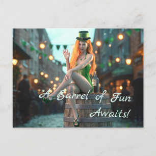 Cartão Postal Bela Dia de São Patrício Sentada em um barril
