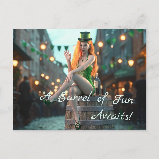 Cartão Postal Bela Dia de São Patrício Sentada em um barril (Frente)