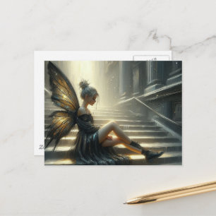 Cartão Postal Bela Fada com vestido preto sentada em escadas