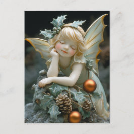 Cartão Postal Bela Fada de Porcelana com Folhas de Azevinho e Pi