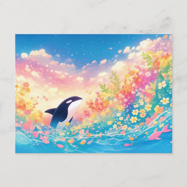 Cartão Postal Bela Flor de Baleia Orca Fantasiosa (Frente)