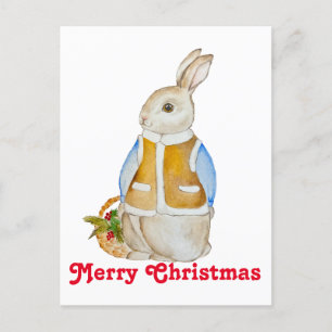 Cartão Postal Bela lebre de Natal com uma cesta com farelo de sp