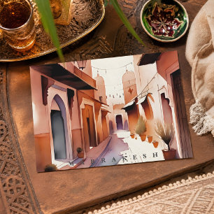 Cartão Postal Bela Marrakesh Marrocos Medina Antiga em Aquarela 