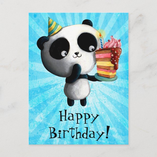Cartão Postal Bela Panda de Aniversário com Bolo (Frente)
