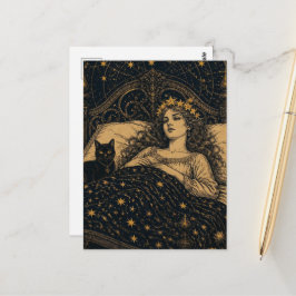Cartão Postal Bela Rainha da Fantasia e Seu Gato Preto na Cama