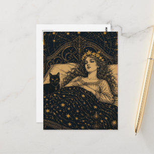 Cartão Postal Bela Rainha da Fantasia e Seu Gato Preto na Cama