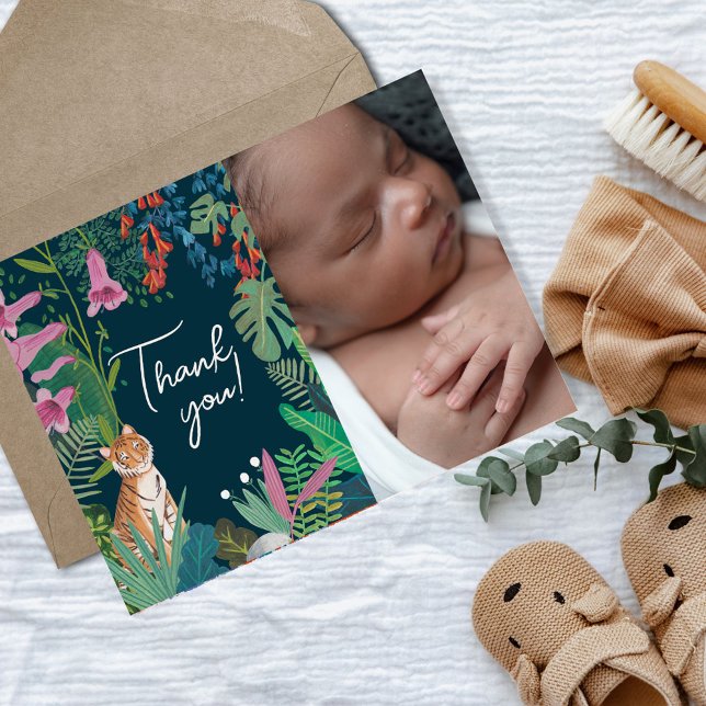 Cartão Postal Bela selva tropical de Tigre Obrigado (Baby Shower Tiger jungle wildlife thank you card)