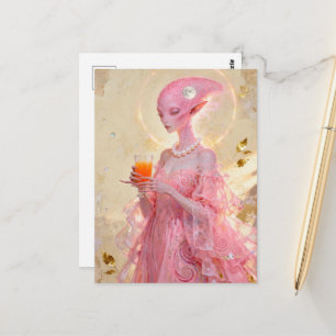 Cartão Postal Bela Senhora Alienígena Rosa Com Suco de Laranja