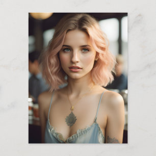 Cartão Postal Bela Senhora com Cabelo Louro e Tatuagens