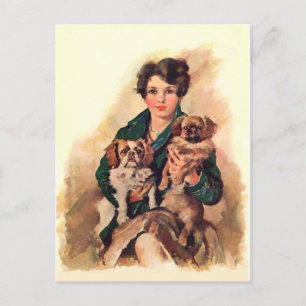 Cartão Postal Bela Senhora com Cães Pequinês