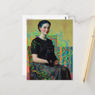 Cartão Postal Bela Senhora com um gato preto Glitch Art