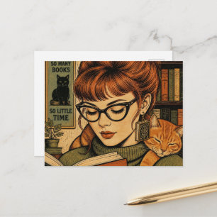 Cartão Postal Bela Senhora e Seu Gato Lendo