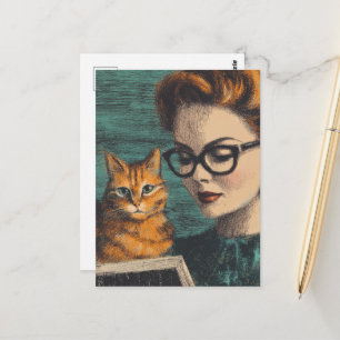 Cartão Postal Bela Senhora Vintage e Seu Gato Lendo