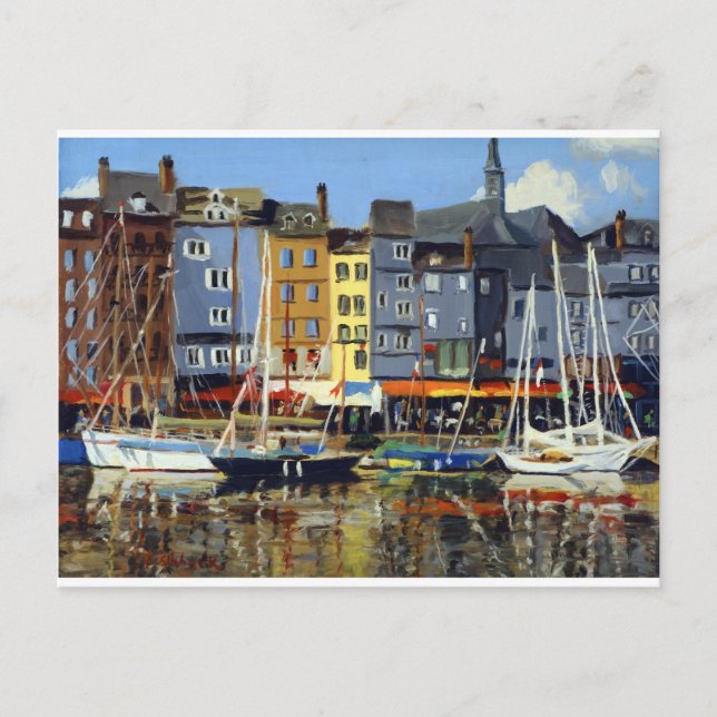 Cartão Postal Bela Visão de Barcos Marinhos em Honfluere Harbor (Frente)