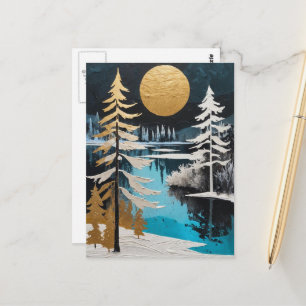 Cartão Postal Belas Árvores de Inverno e Pintura de Neve no Lago
