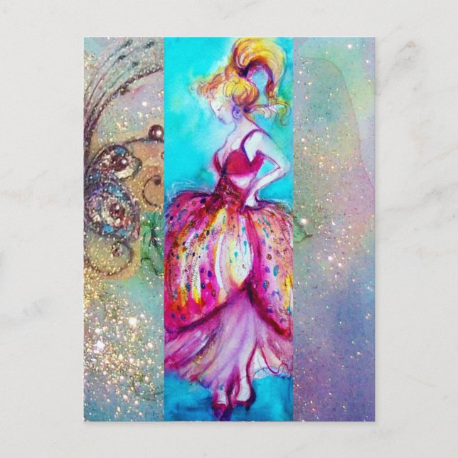 Cartão Postal BELEZA EM VESTIDO ROSA / Planta Borboleta Mágica (Frente)