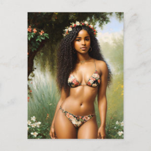 Cartão Postal Beleza Floral Modelo Bikini da Mulher Negra