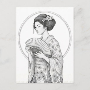 Cartão Postal Beleza Japonesa com Leque Dobrável