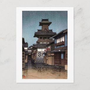 Cartão Postal Belfry em Okayama, Hasui Kawase, Woodcut