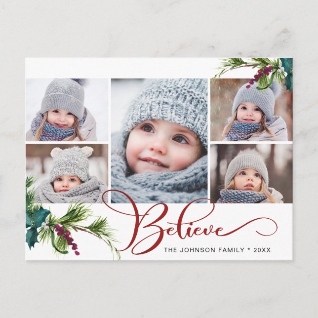Cartão Postal Believe Christmas 5 PHOTO Collage Greeting Holiday (Frente)