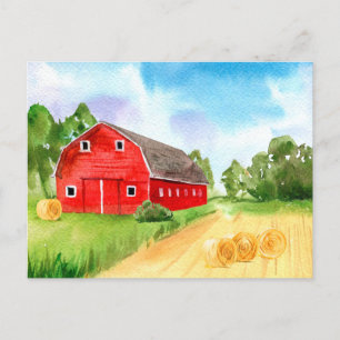 Cartão Postal Belíssimo celeiro vermelho na fazenda  